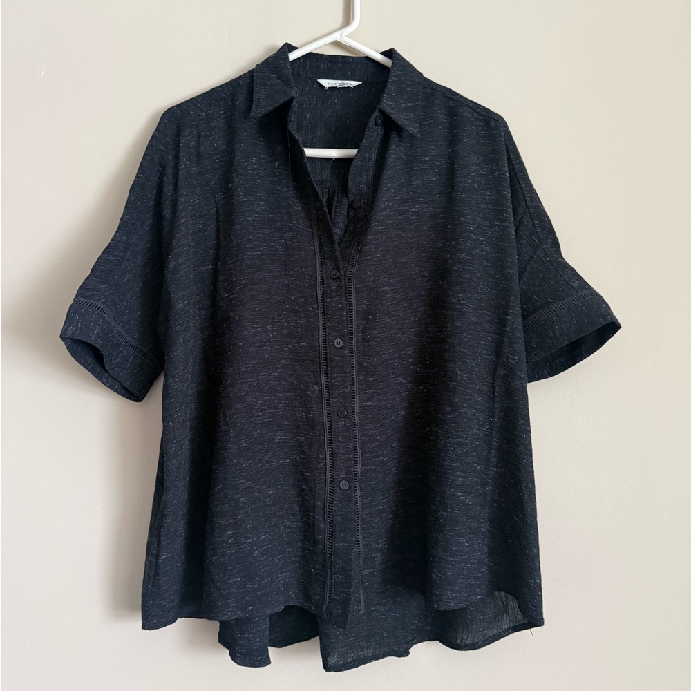 Max Studio Oversized Black Short Sleeve Button-Up Shirt size Large